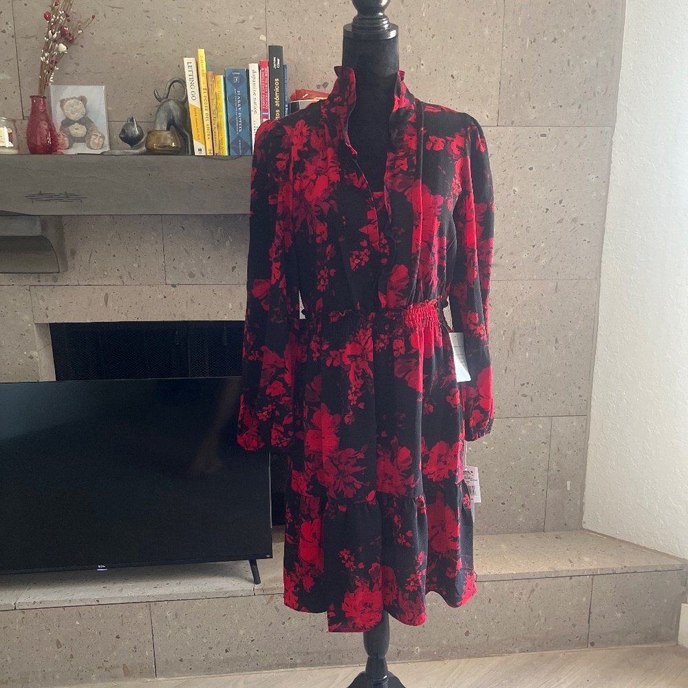 London Times Black and Red Floral Print Dress